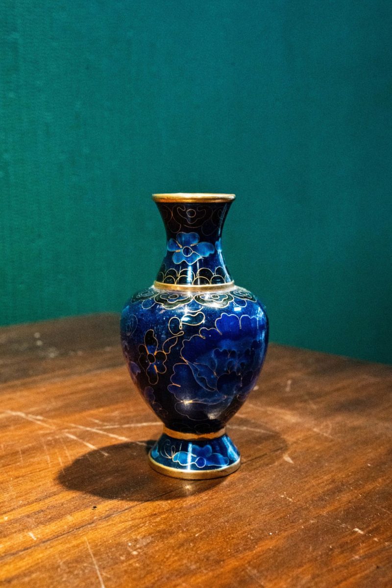 Cloisonne (Mineli) Mavi Çiçek Motifli Vazo